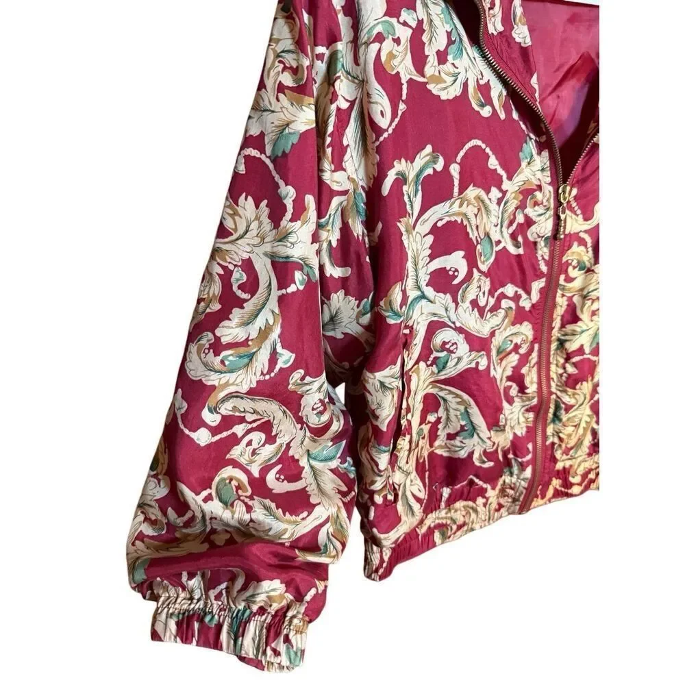 EVR DIV Rousso Apparel Vintage 100% Silk Women's Bomber Jacket Leaves Tan Red Sz